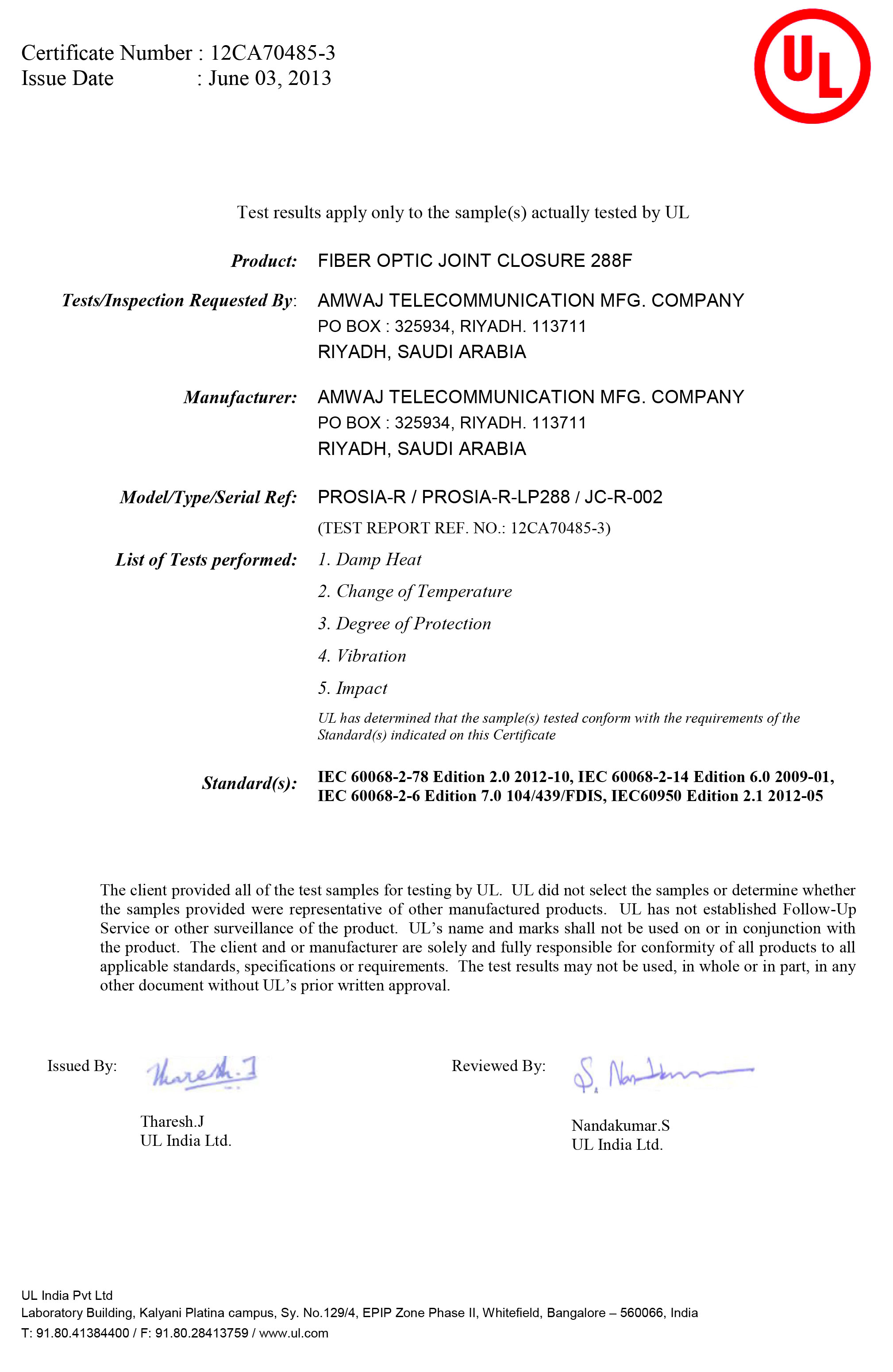 UL Certificate for FOJC 288F