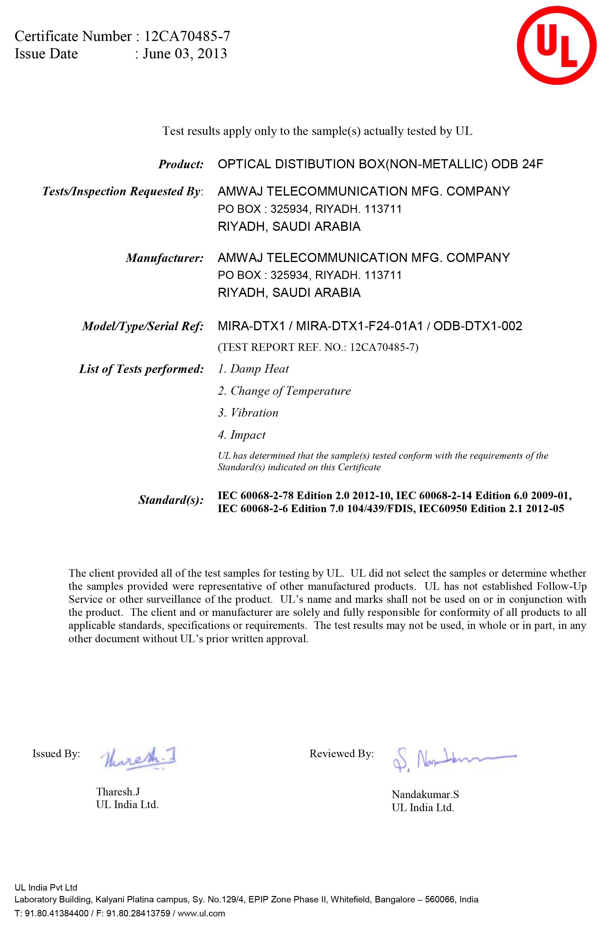 UL Certificate for ODB 24F