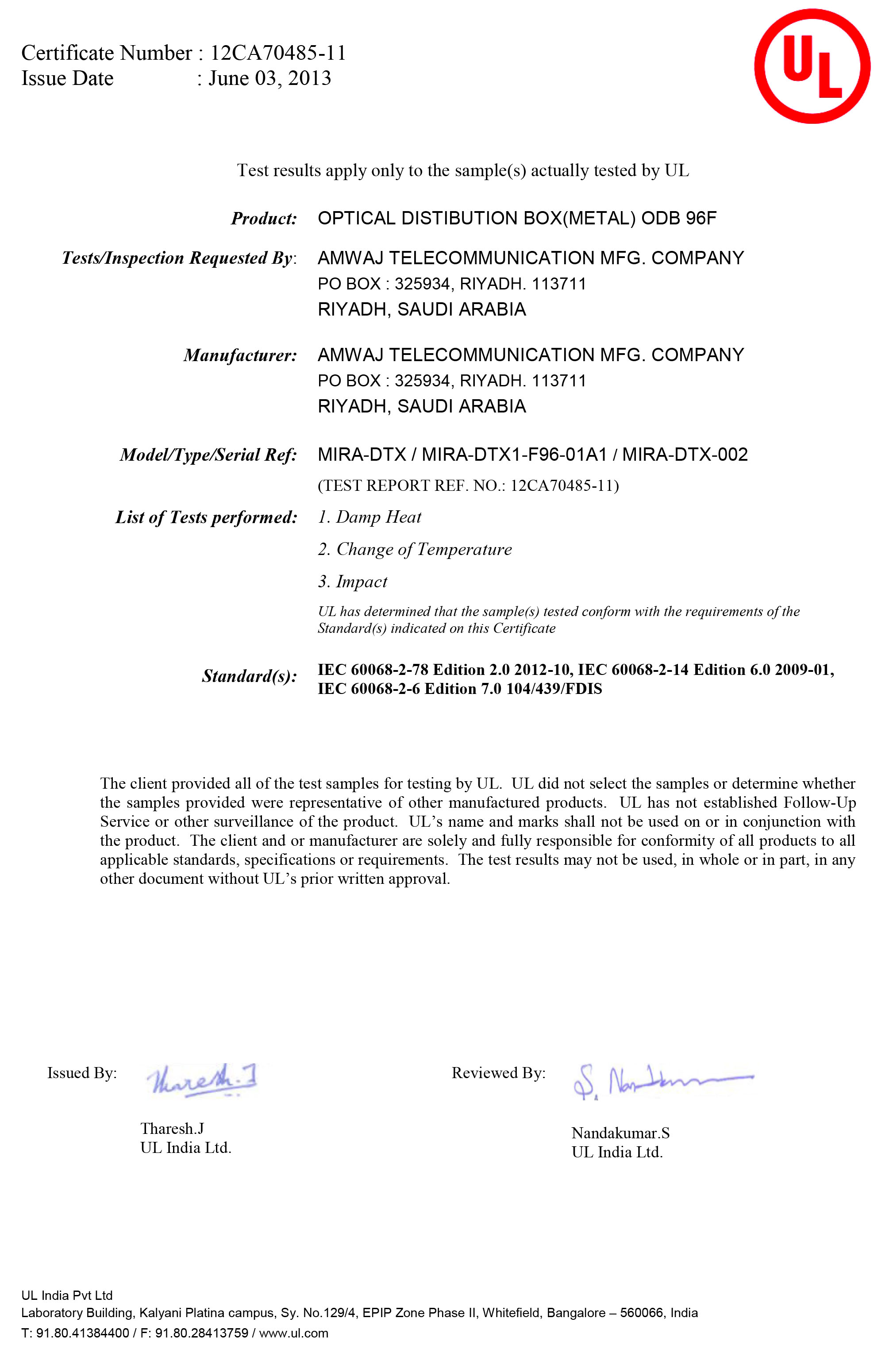 UL Certificate for ODB 96F(Metal)