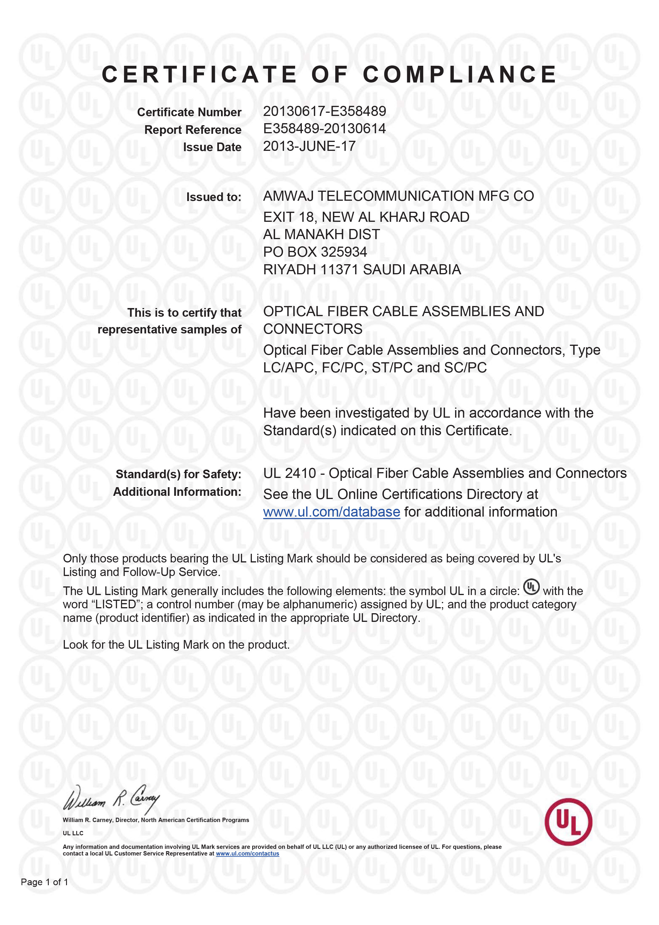 UL listing certificate for Fiber cables and assemblies 